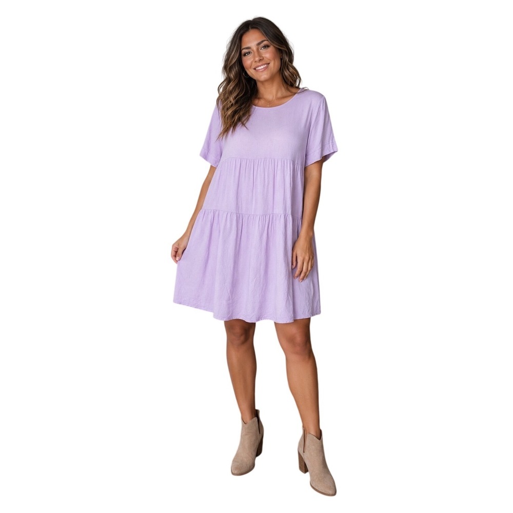 Veveret Tiered Babydoll Women Dress Size Small Lavender Linen Blend Short Sleeve